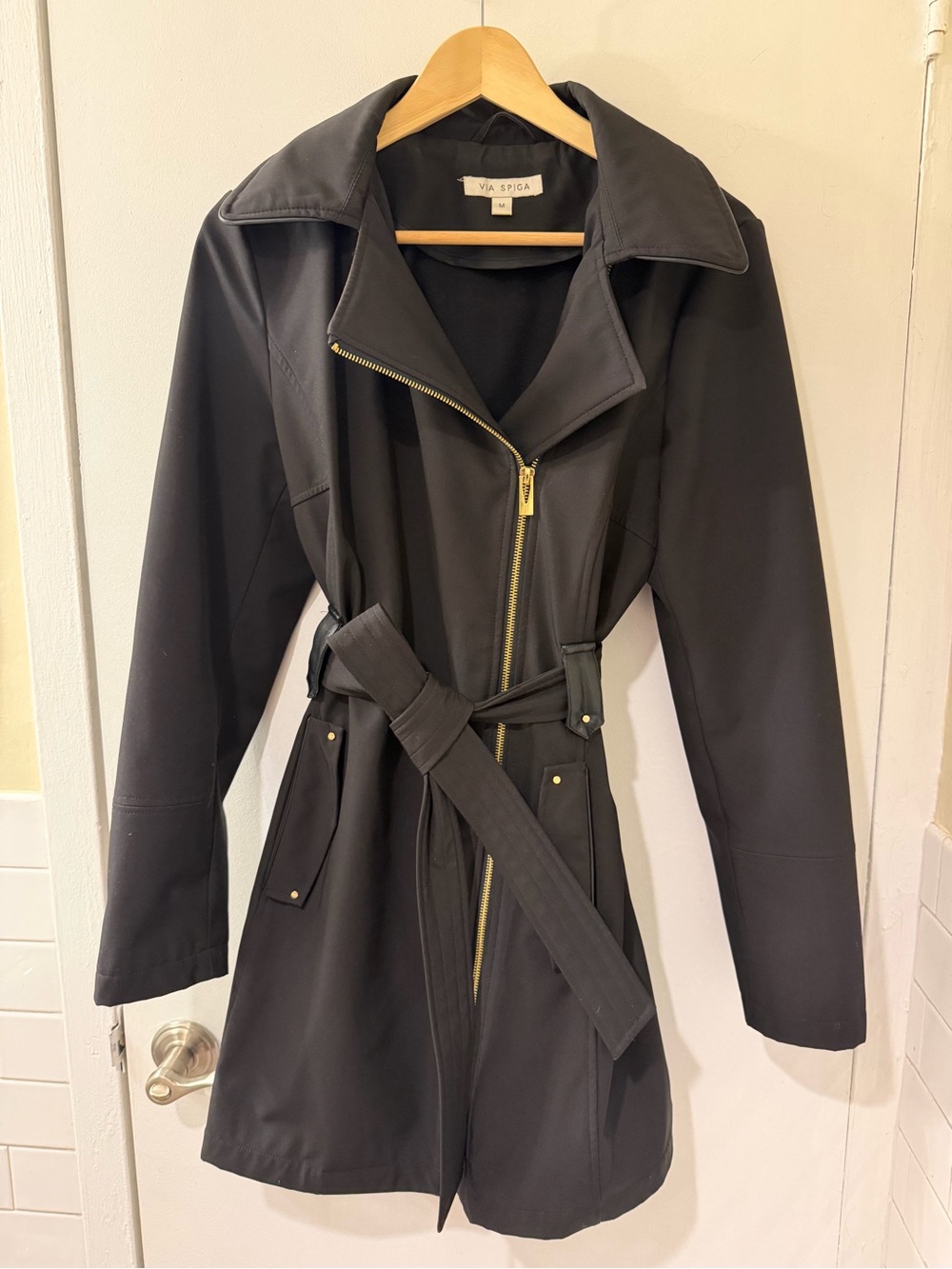 Via Spiga Black Belted Trench Coat with Gold Hardware